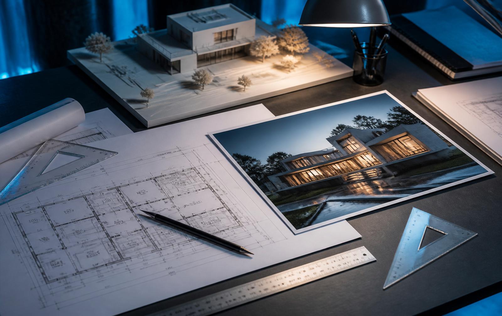 Architectural drafting desk with construction drawings and 3D interior rendering