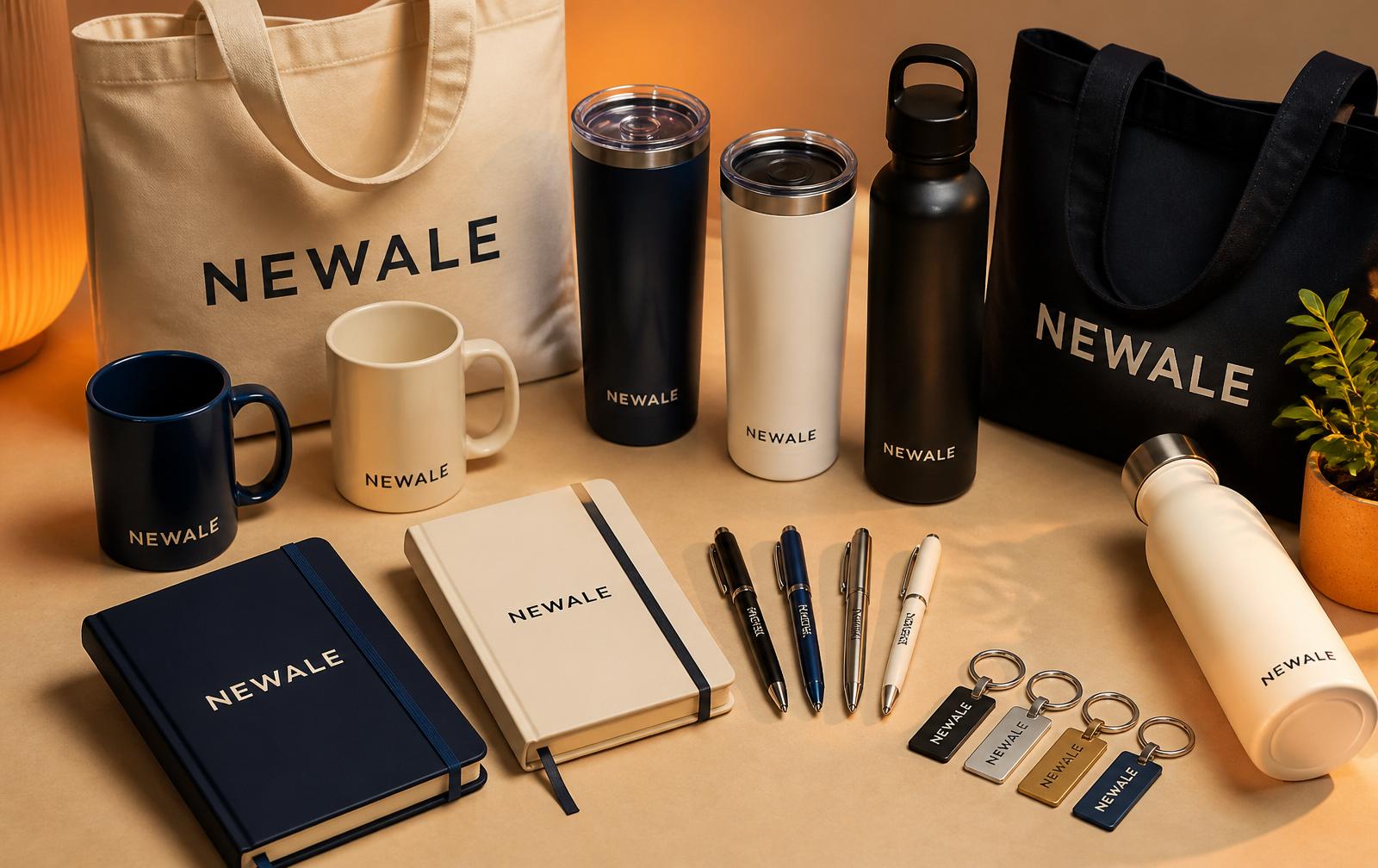 Custom promotional products flat-lay: mugs, tumblers, keychains, notebooks and totes