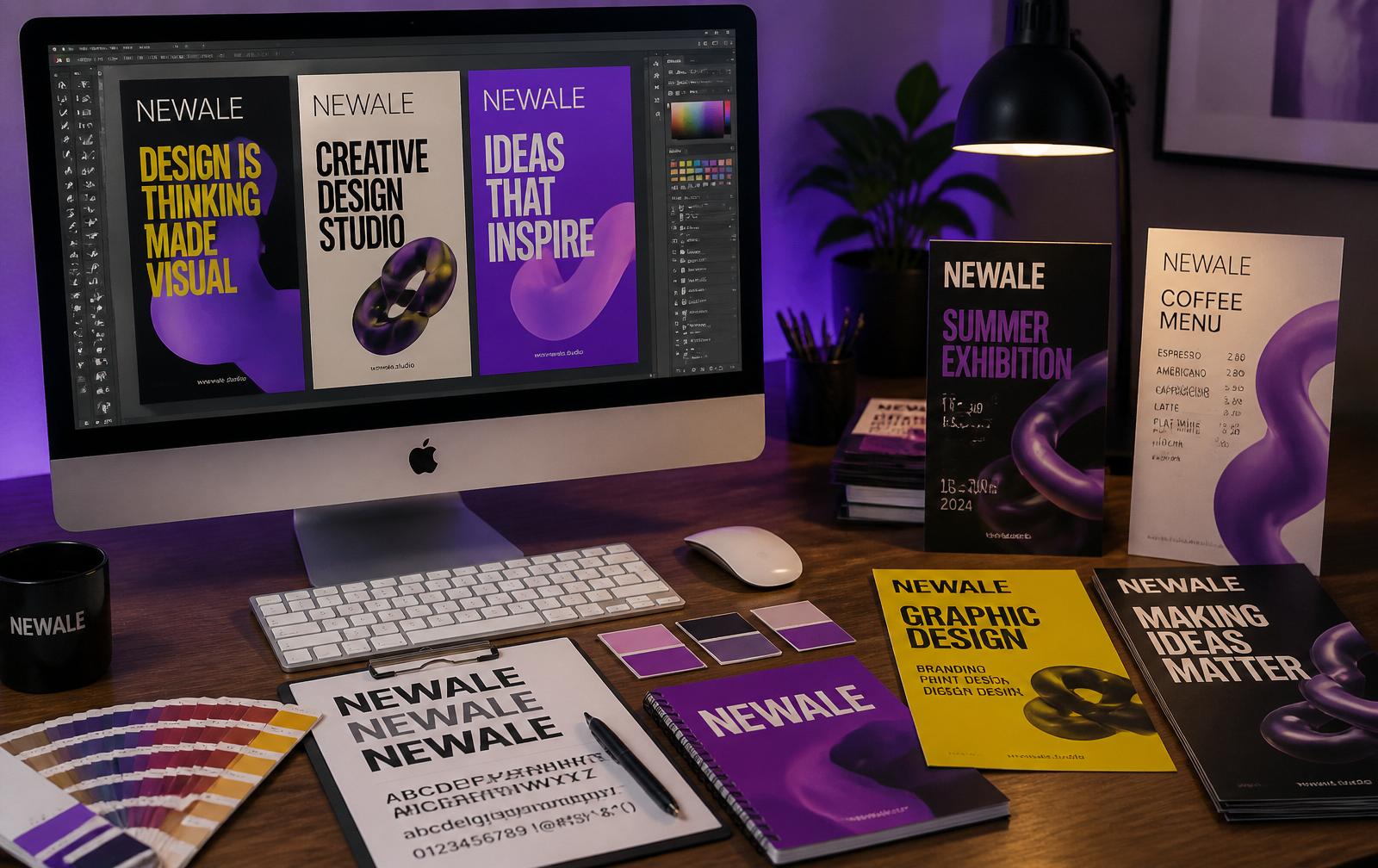 Graphic designer workspace with color palettes, printed collateral and typography