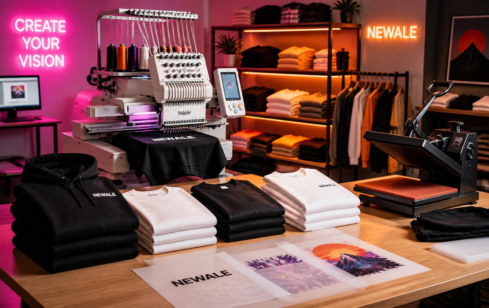 Folded custom apparel, embroidery machine and heat press in a modern studio